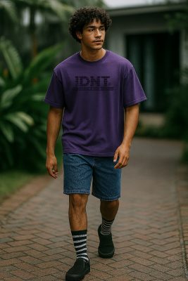 Wall t-shirt purple organic cotton IDNT model beach 2